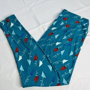 LulaRoe Leggings Tall & Curvy Monarch Paper Airplane Colorful Blue Red 0705